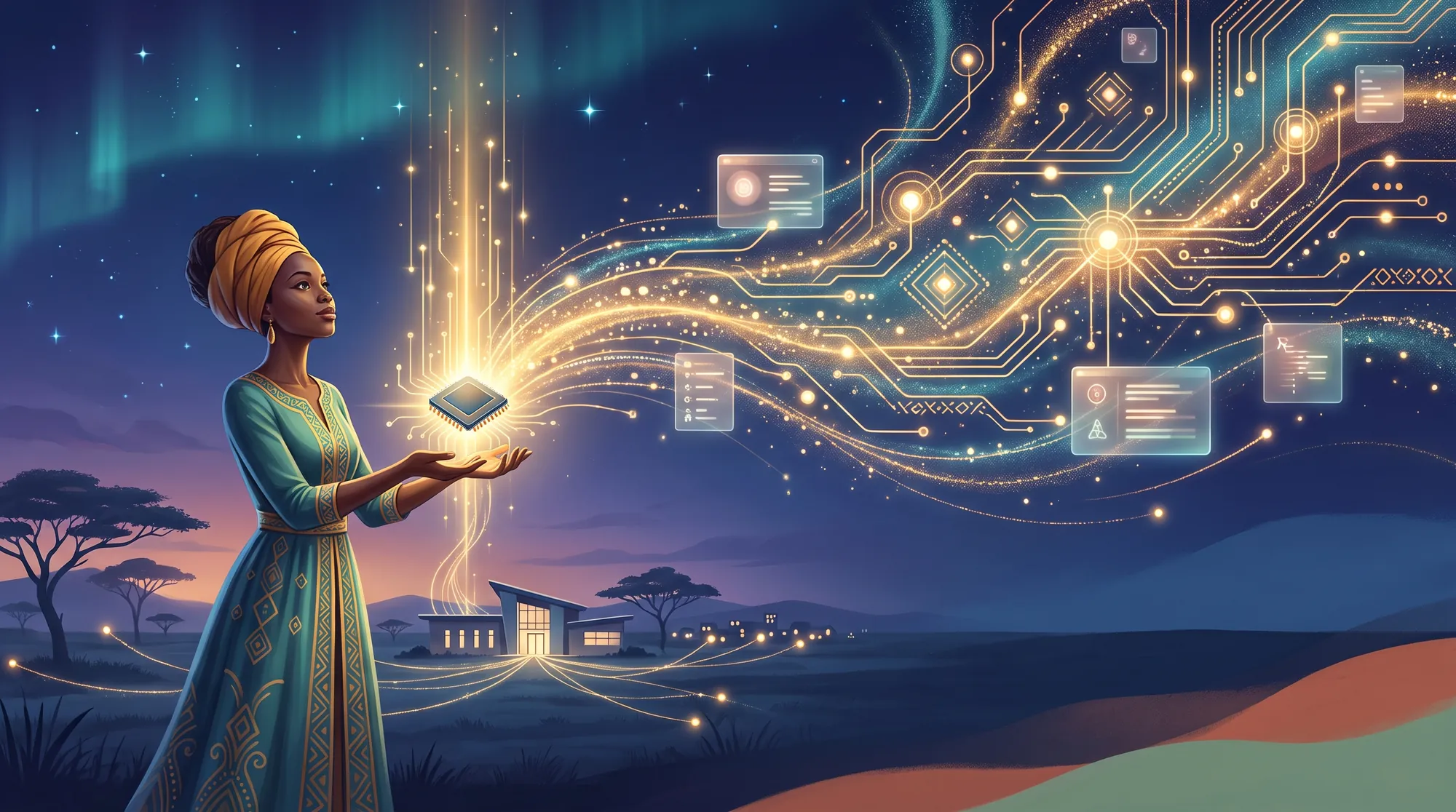 A woman in a headwrap holds a glowing chip at dusk; golden circuitry and data panels rise from it into the night sky over an African landscape.